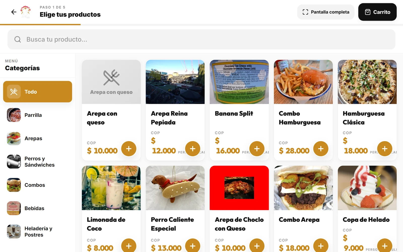 Kiosko de Fastfood en horizontal mostrando la carta digital con fotos de productos y categorías