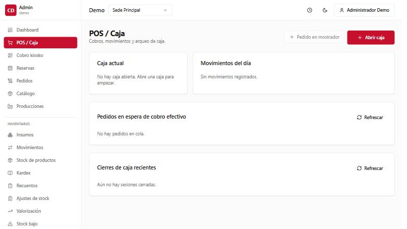 Pantalla del módulo POS/Caja de Fastfood con caja actual, movimientos del día, pedidos en espera y cierres recientes